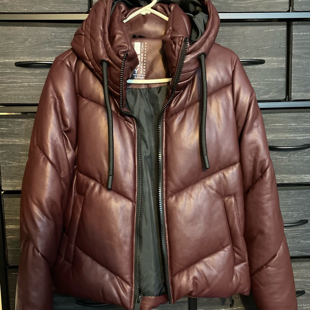 Women’s burgundy faux leather puffer coat with hood